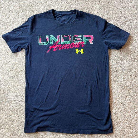 Under Armour Men T-shirt Small navy cotton colorful‎ logo Beach Palm Tree - Picture 1 of 8